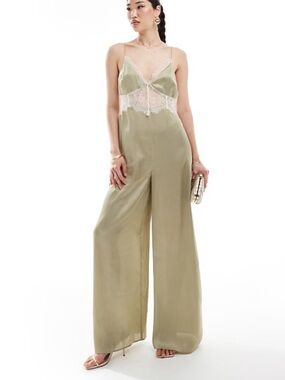Olive Lace-Trim Satin Jumpsuit